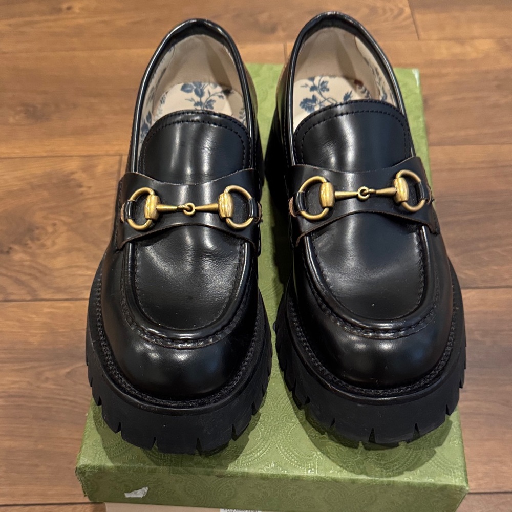 Gucci Black Leather Lug-Sole Horsebit Loafers with Gold Hardware